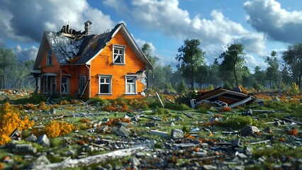 Visual representation of a tornado-ravaged orange house. Concept Natural Disasters, Damaged Property, Destruction, Emergency Response, Rebuilding Efforts