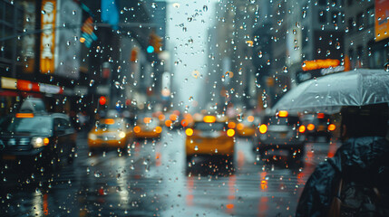 Wet window view of city traffic and umbrella. Rainy urban scene with taxi cabs. Rainy day city life...