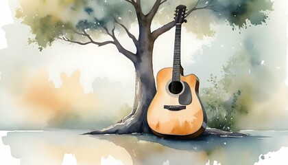 Paint a serene scene of an acoustic guitar resting upscaled_3