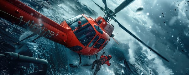 ocean rescue captured from above, showing a helicopter hovering over churning ocean waters with a rescuer being lowered. - obrazy, fototapety, plakaty
