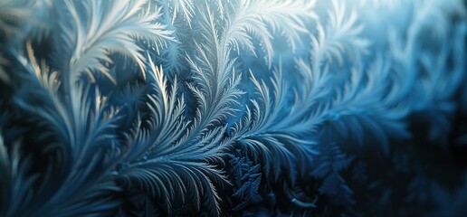 Closeup of delicate frost patterns on window, intricate ice crystals in shades of blue against dark background. - obrazy, fototapety, plakaty