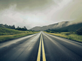 Misty Road Through Lush Landscape