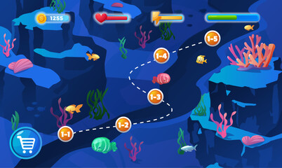 Obraz na płótnie Canvas Underwater adventure game map. Vector illustration