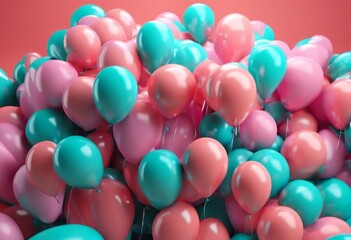 multi-colored balloons on a pink background for the holiday