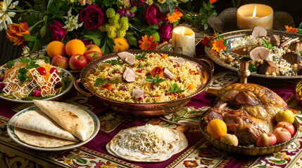 Richly decorated table with traditional Eid al-Adha dishes, pilaf, lamb, flatbreads, and fruits.Table is adorned with tablecloth with Islamic patterns, candles and flowers