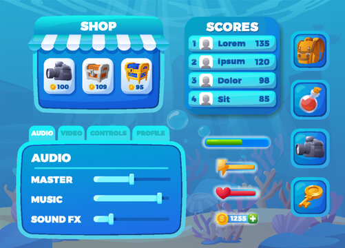 Underwater game shop and scores vector set