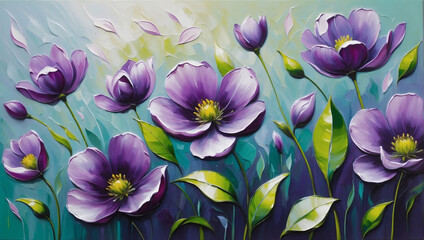 Abstract oil painting of Purple and green petals, flowers with silver lines, using a palette knife.