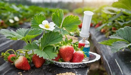 strawberries with chemicals, such as plant hormones. dangerous for health, illegal. farm, side effects - obrazy, fototapety, plakaty