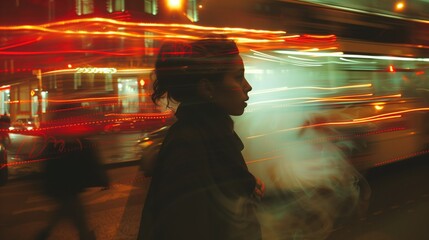 a woman is standing in the middle of a busy city street at night