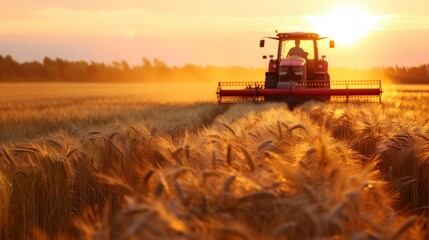 a tractor is driving through a field of wheat at sunset - obrazy, fototapety, plakaty