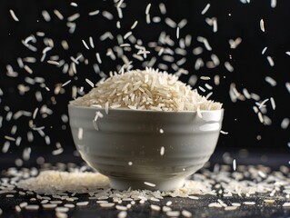 Basmati rice in a bowl in bulk on a black background