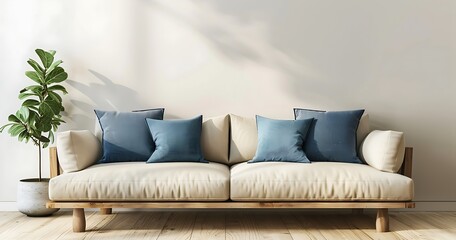Modern interior design of a living room with a sofa and blue pillows on a beige wall background