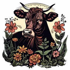 Logo for milk. A painted cow among flowers.