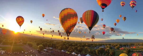 Naklejka premium Stunning landscape at sunrise with multiple hot air balloons floating over unique rock formations.