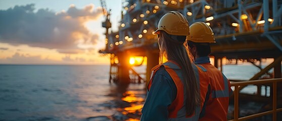 Collaboration between hardhat industry workers and oil rig corporation for offshore projects. Concept Offshore Safety Measures, Industry Partnerships, Worker Training Programs, Hazard Prevention