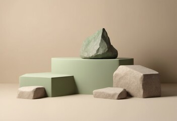 Stone green podium for product presentation on beige background