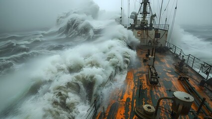 Capturing the Chaos: Cameras Record Fierce Ship Battles Against Hurricane Waves. Concept Outdoor Photoshoot, Stormy Weather, Adventure Photography, Sea Battles, Nature's Power - obrazy, fototapety, plakaty