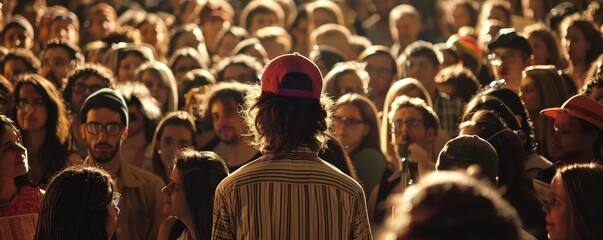 Obraz premium High-energy scene with a silhouetted woman in focus before an illuminated crowd at a live concert event.