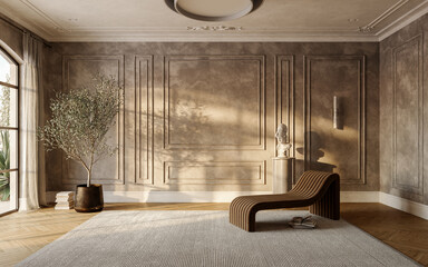 Modern French interior design apartment, empty living room, beige plaster, marble, classic molding, bust sculpture, books, daybed, luxury lounge, white carpet, olive tree plant, panorama, 3d render