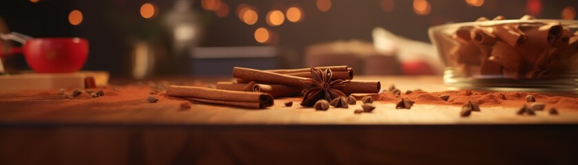 A beautiful still life of cinnamon sticks and star anise on a wooden table. The background is blurred with warm bokeh lights.