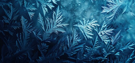 Closeup of delicate frost patterns on window, intricate ice crystals in shades of blue against dark background.