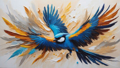 Abstract oil painting, dynamic bird plumage portrayed using palette knife techniques.