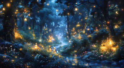 Obraz na płótnie Canvas Fairyland Reverie: A Twilight Garden Abuzz with Fairies and Luminous Butterflies