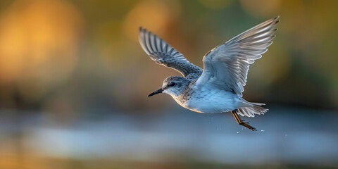 Sandpiper in flight with golden light of dusk. Serene bird photography. Evening glow and nature concept for design and print. Elegance in motion with copy space