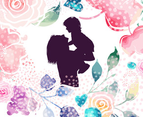 Mom and baby silhouette with flowers. Happy Mothers Day Greeting Card. Not AI. Vector illustration.