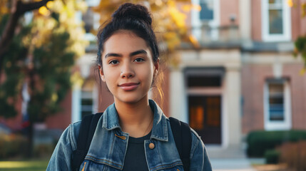 Garota universitária com mochila nas costas no Campus - obrazy, fototapety, plakaty