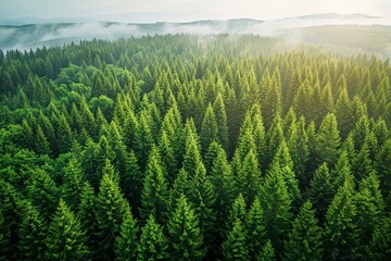 Fototapeta premium Experience a drone's eye view of a verdant forest teeming with green trees, showcasing abundant foliage capturing CO2