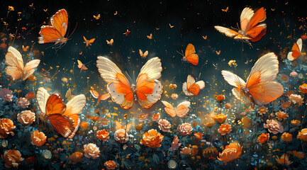 Mechanical Onslaught: Swarming Butterflies Invade a Vibrant Garden Landscape