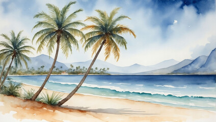 Fototapeta na wymiar Beachside scene rendered in watercolor, featuring palm trees against a backdrop of the sea, presented in isolation on a white background.