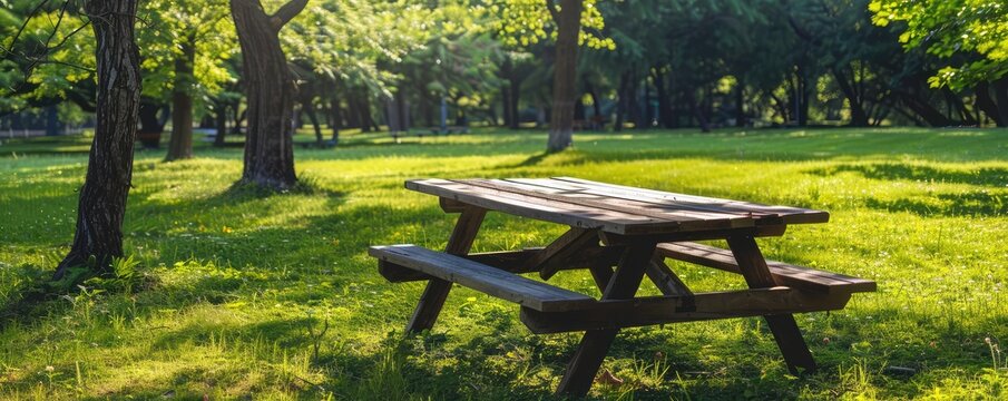 park scene with a wooden picnic table under the sunlight, surrounded by lush green trees.