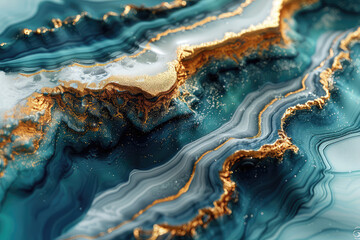 Abstract fluid art, dark teal and gold marble swirls. Created with Ai