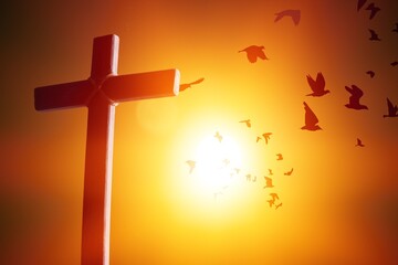 Good Friday, wooden Cross on sky background.