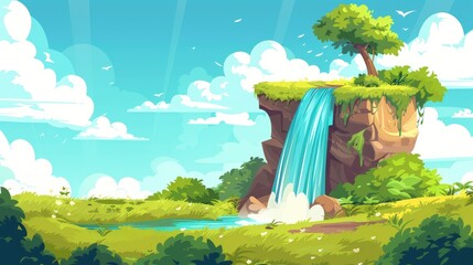 A lively isolated cartoon 2d hill featuring a falling flow of water embodying the beauty of waterfalls and cascades in a 2D design element of the natural environment - obrazy, fototapety, plakaty