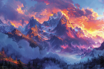 Dungeons and Dragons artwork of mountains, purple sky with clouds, misty atmosphere. Created with Ai