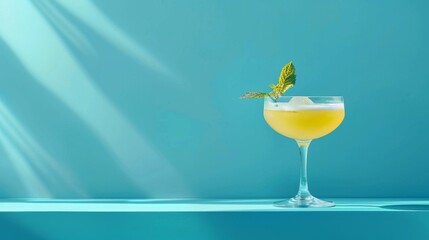 A vibrant yellow cocktail served in a coupe glass rests on a blue table, showcasing the refreshing blend of liquid ingredients including orange juice and other flavorful solutions.