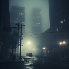 Fog in the middle of the city with tall buildings. Mystical scene.