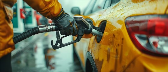 Driver refills car at gas station using fuel pump to fill tank. Concept Gasoline fueling, Refueling car, Gas station, Petrol pump, Vehicle maintenance - obrazy, fototapety, plakaty