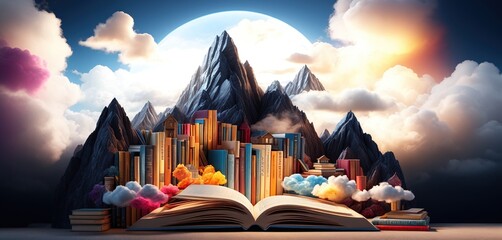 Standing and open books and literature that promote creativity, inspiration and fantasy in front of a creative and colorful conceptual landscape - obrazy, fototapety, plakaty