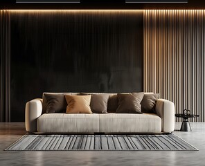 Modern interior design of a living room with a beige sofa and black wall as a mockup background. 