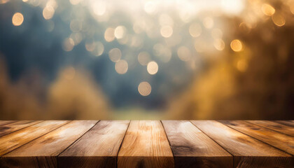 Empty wooden table. Mock up for product display. Blurred bokeh on background.