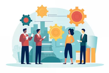 Foto op Plexiglas A 2D flat simplistic vector modern style illustration of business people meeting discuss ideas brainstorm together cogs of workplace working together and collaborate to solve problems unity charts © James