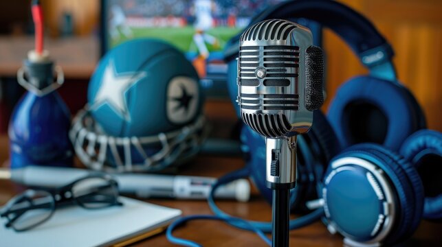 Desk setup with microphone bearing sports logo, headphones, and notepad for International Sports Journalist Day. World Sports Journalists Day, 2 July