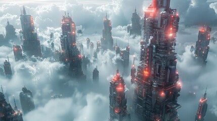 Futuristic underwater city with sleek architecture and a cloudy sky illuminated by sunlight - obrazy, fototapety, plakaty