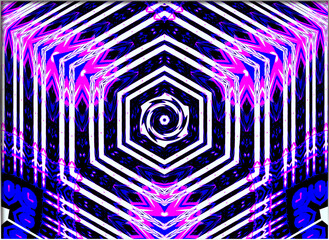 Abstract, kaleidoscopic design, with a prominent hexagonal center, unfolding symmetrically with black, white, pink, and blue hues, within a border