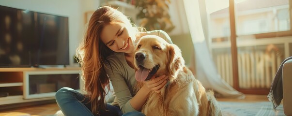 smiling young woman and her loyal golden retriever in a cozy home setting.