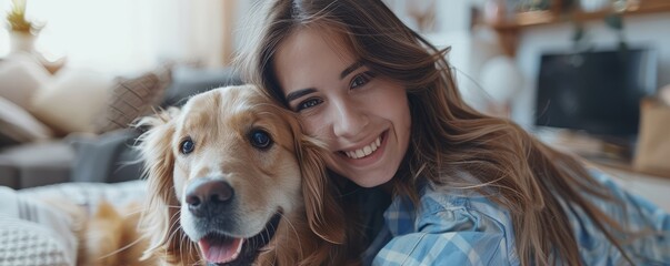 smiling young woman and her loyal golden retriever in a cozy home setting.